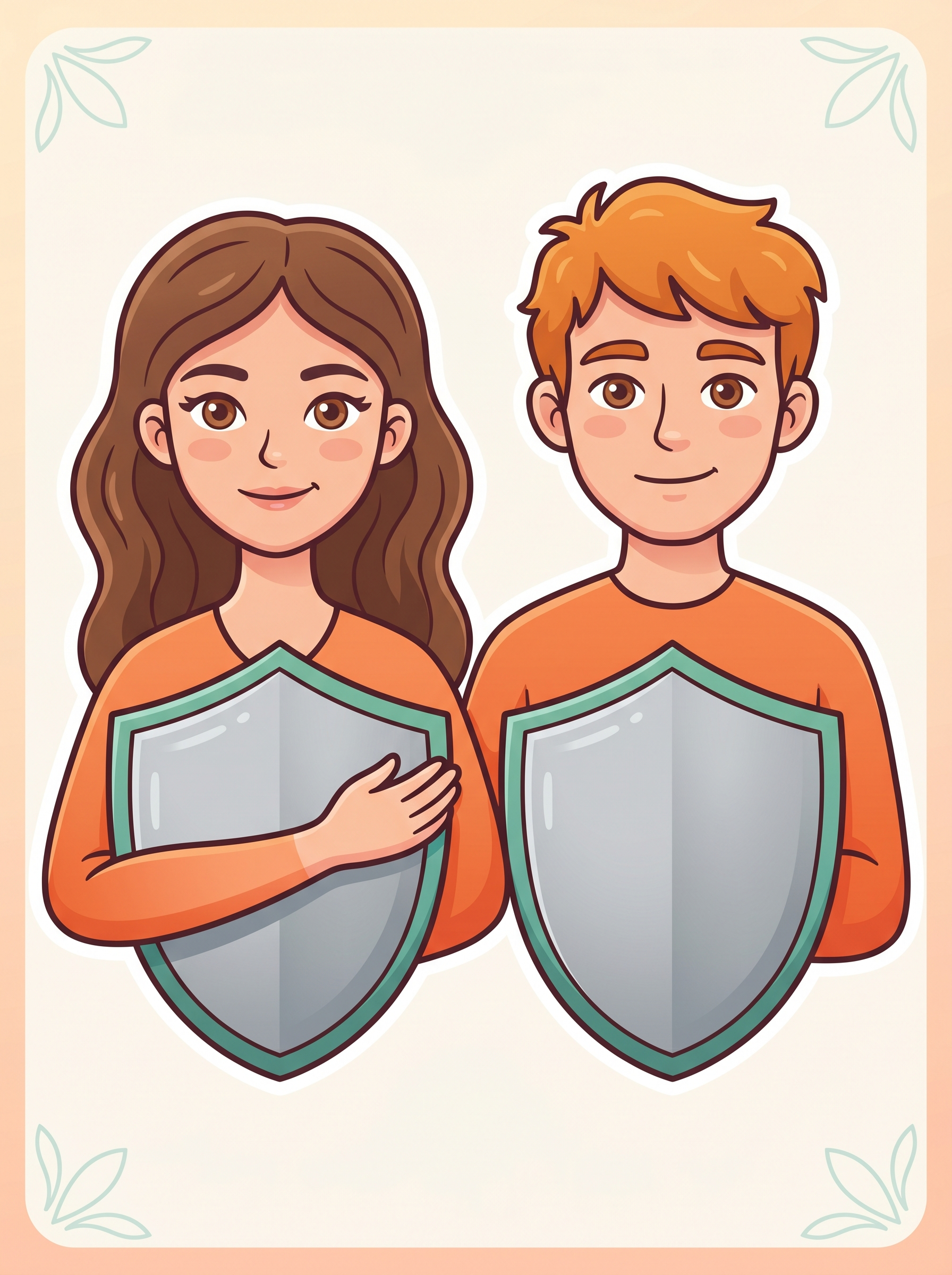 A friendly cartoon illustration of a woman and a man, each holding a shield, representing internal sovereignty and becoming uninfluenceable to narcissists.